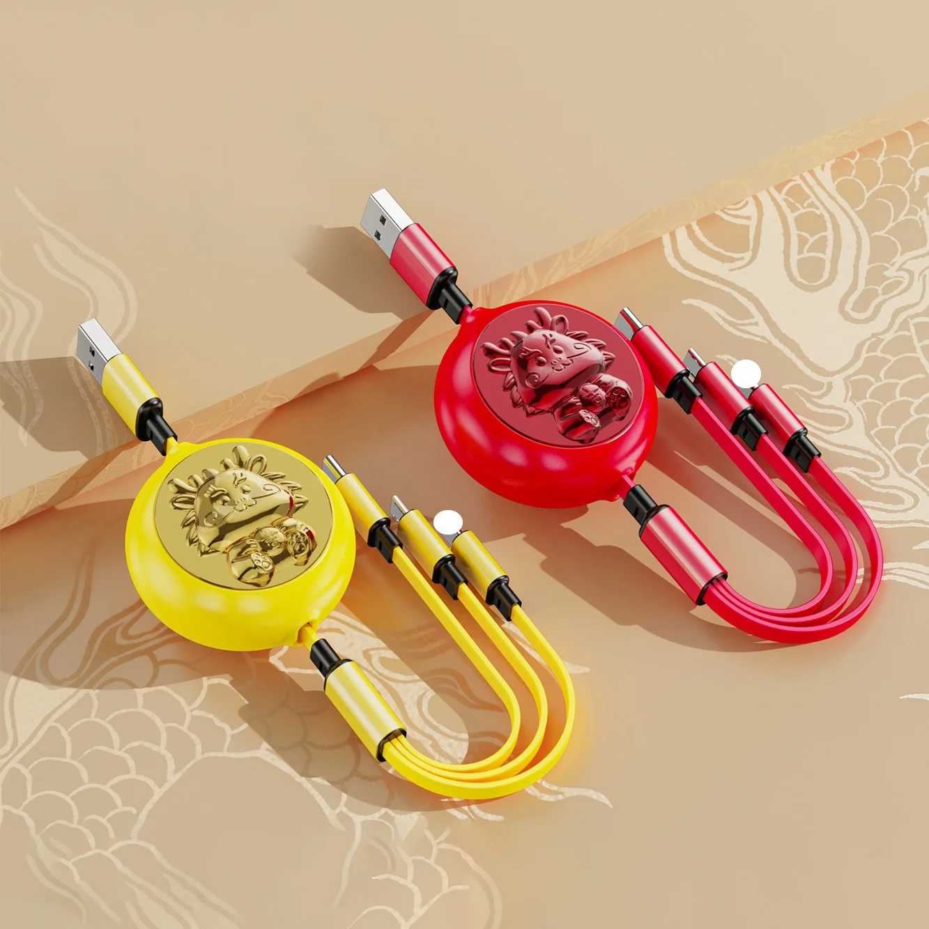 New Year Gift Custom Shape Cartoon Animal Dragon Shape USB charge cable 3 in 1 Fast charge phone Data cable