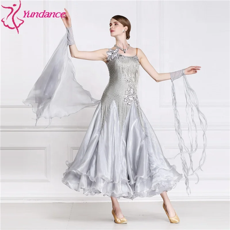 B-15110 High Quality Rhinestones Ballroom Dance Dress Adult Lyrical Gray Modern Dance Costume Dress For Competition