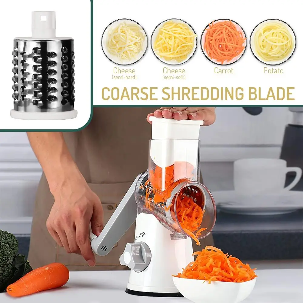Cheese Grater Shredder, Round Mandolin Slicer with Handle and 3 Drum Blades, Kitchen Manual Vegetable Slicer Nuts Grinder