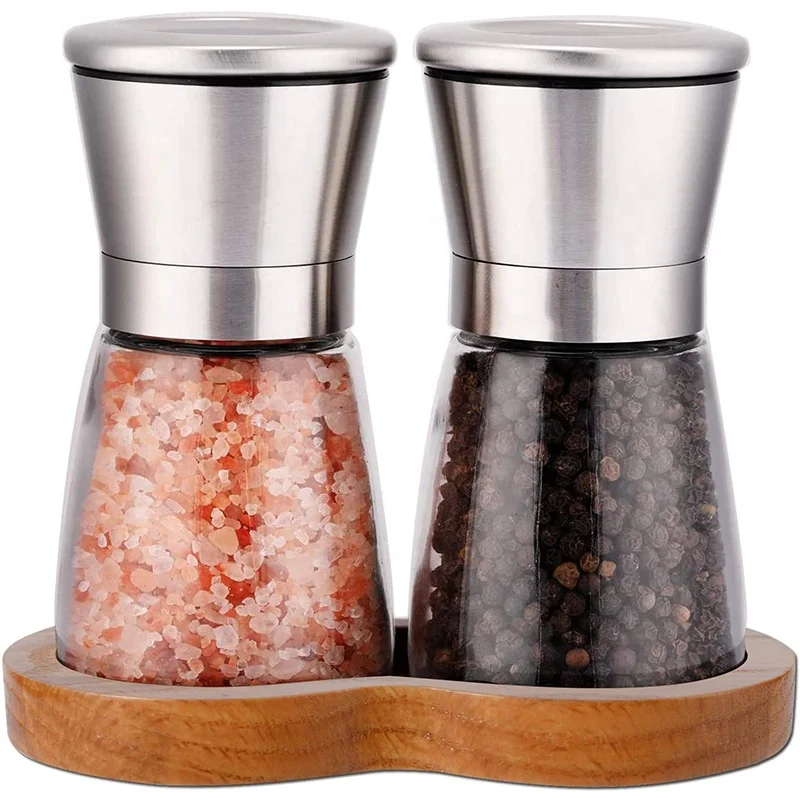 
Salt and Pepper Mills with Beech Stand Premium Set of Salt and Peppercorn Grinders with Adjustable Ceramic Coarseness 