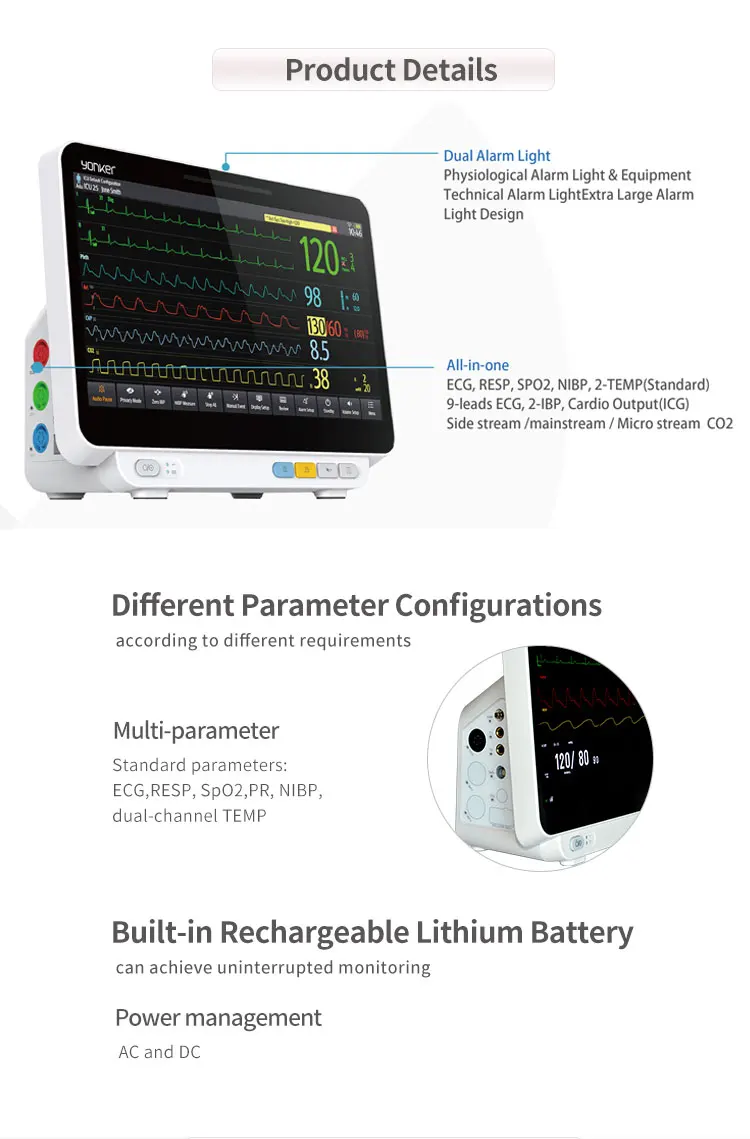 Yonker new medical icu patient monitor custom 2.6kg hospital multi-parameter patient monitoring with trolley