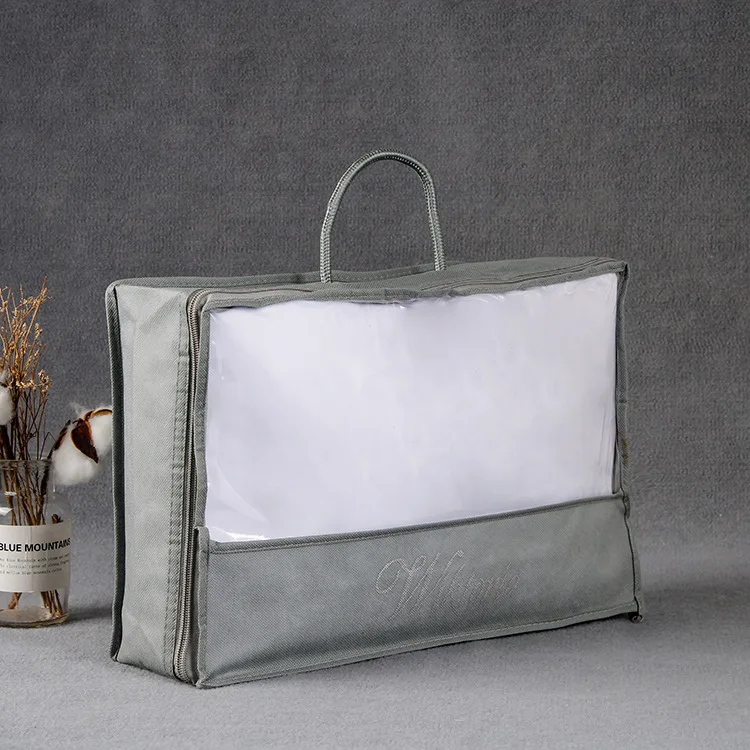 Custom logo non woven duvet bag with transparent PVC clear window home textile zipper Pillow Cover Dust Proof Bag