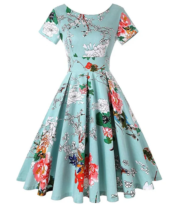 Hot Sale Custom Summer Women Retro Vintage Floral Print Short Sleeve Boat Neck Swing Casual Dress