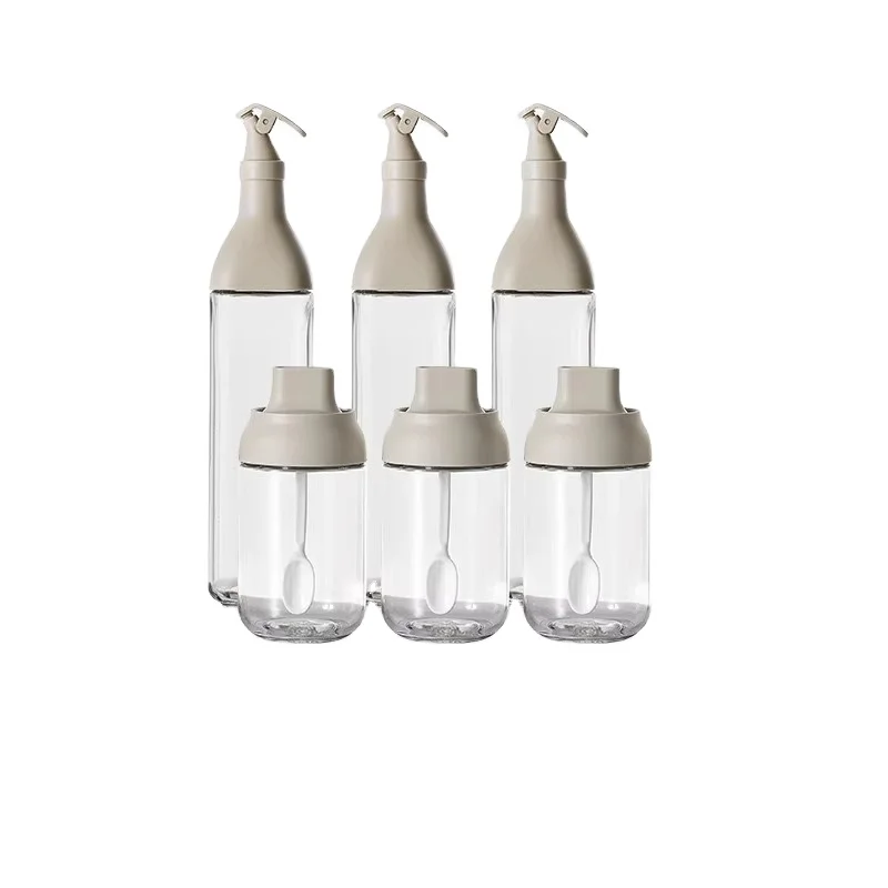 High quality Spice jar 3 oil vinegar bottle 3 combination glass household kitchen oil and salt monosodium glutamate storage spoon lid
