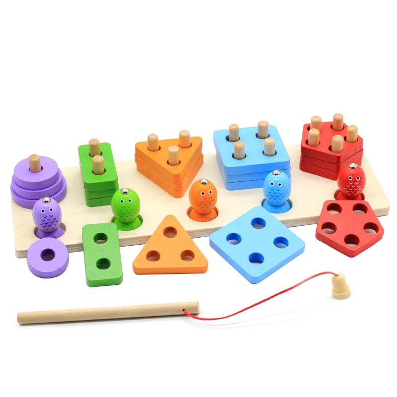 Wooden Blocks Sorting Nesting Stacking Fishing Educational Montessori Toys  Fish Catching Toy