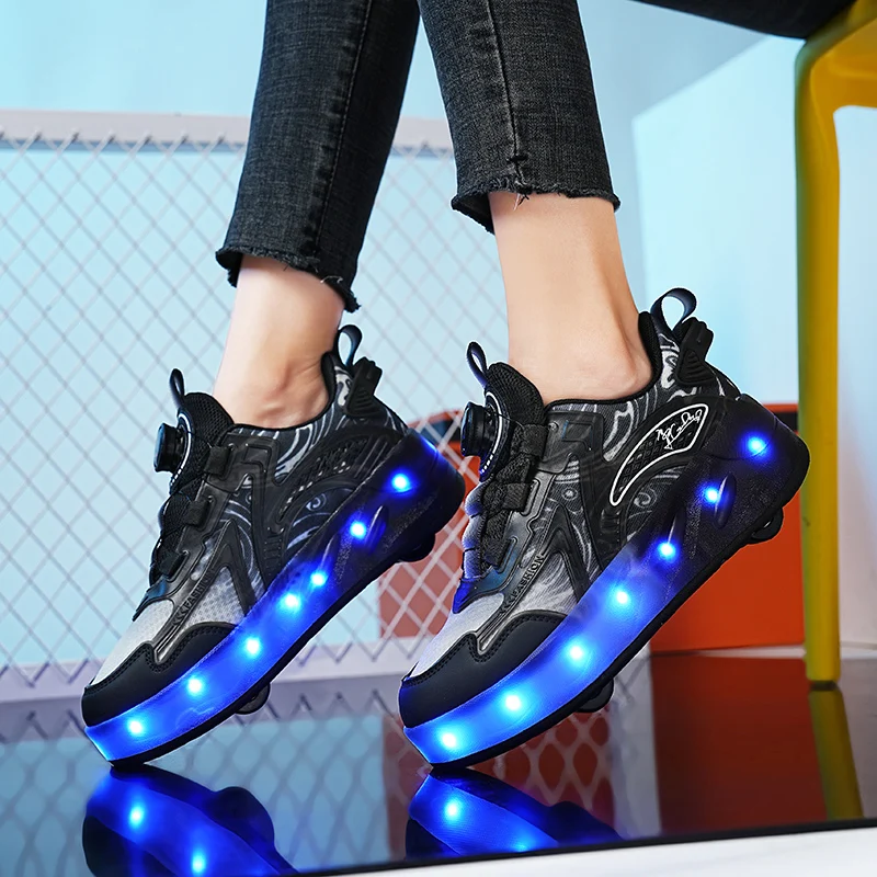 USB Chargeable LED Light Up Roller Shoes Wheels Automatic Button Skate Sneaker Shoes for Boys Girls Kids Gift DB