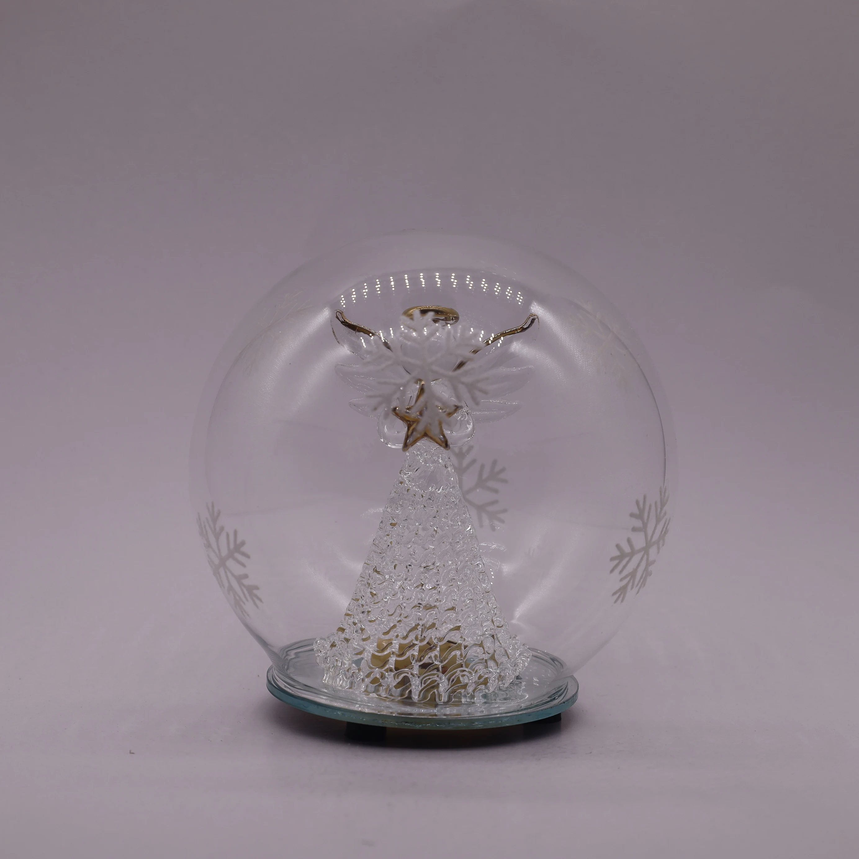 Christmas tree  glass baubles ball 12 cm LED snowflake patterned glass cover built in hand-brushed glass angel and snow powder