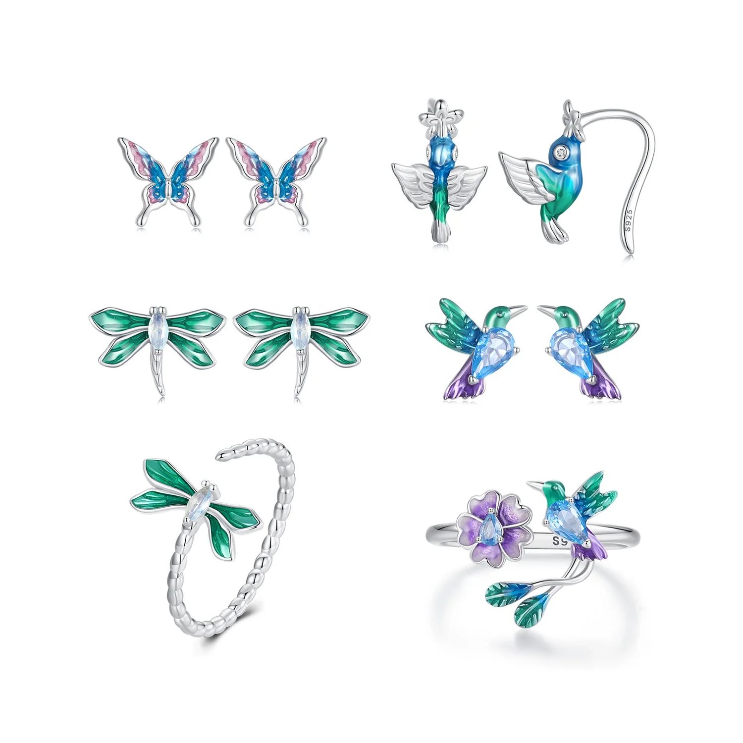 925 Sterling Silver Fashion Jewelry Sets Fine Jewelry Making Wholesale Butterfly Dragonfly Bird Flower Ring Stud Earrings Set
