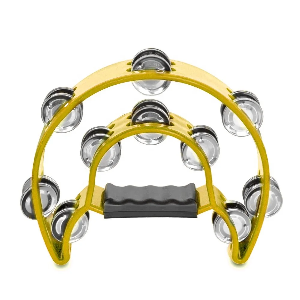 Musical Tambourine Double Row Metal Jingles Hand Held Percussion Drum for Gift KTV Party with Ergonomic Handle Grip Yellow