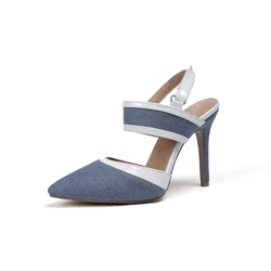 Party Sexy Patchwork High Heels Ladies Sandals Stiletto Thin Heel Pointed Toe Denim Black Blue Shoes