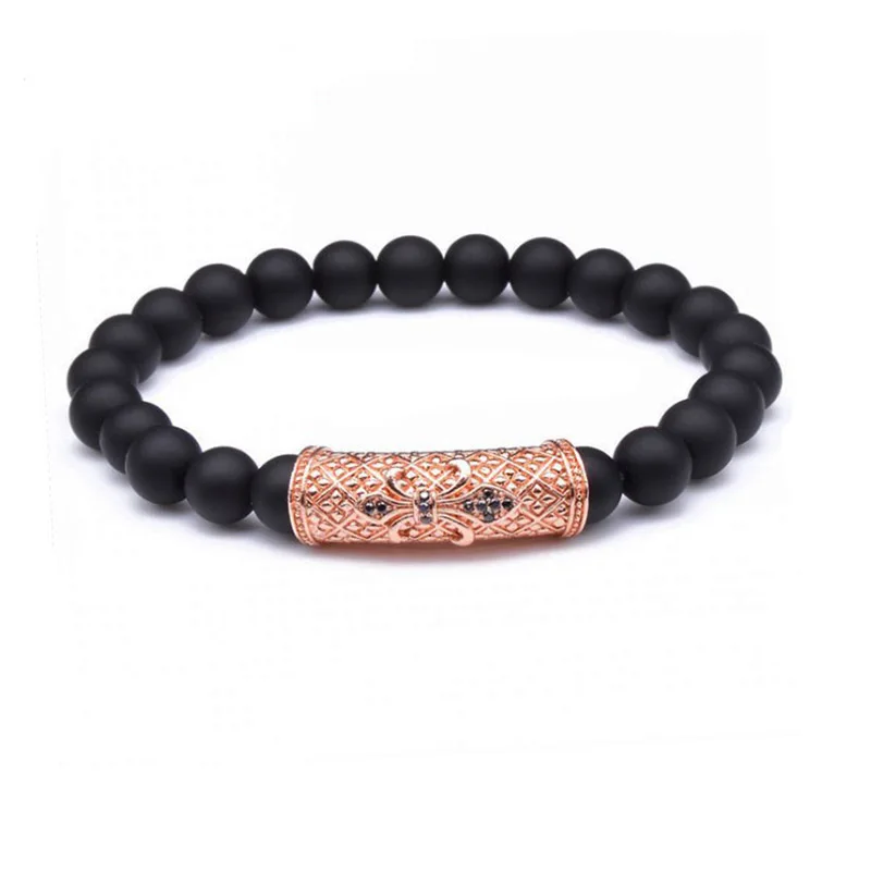 Renting Jewelry Natural Stone Matte Onyx CZ Pave Anchor Charm Beads Elastic Bracelet Men