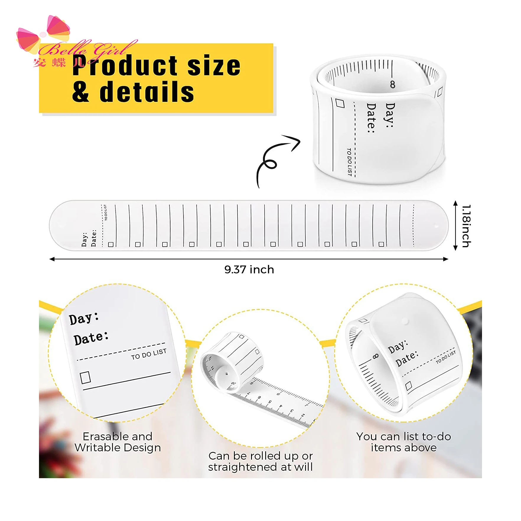 BELLEWORLD bulk sale hot selling silicone slip bands To Do List Erasable note bracelet white slap bracelet wrist band for gift