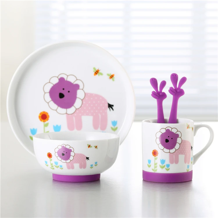 JINYUANLI 5 pcs children use tableware cute pattern porcelain plate and bowl ceramic dinnerware dinner sets with silicone base