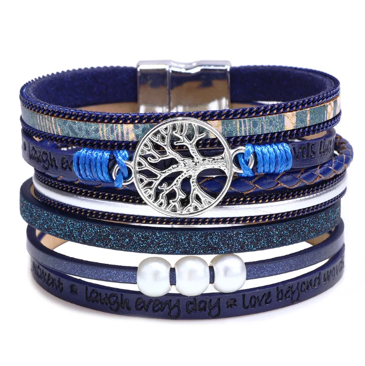 
Magnetic clasp bracelet women wholesale bling leather double wrap bracelet engraved strip and life tree accessories bracelets 