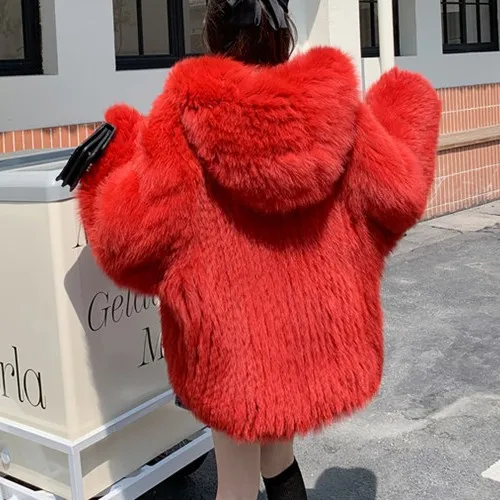 Fashion Fur Coat Women Double Woven Fox Fur Coat Red Color Coat With Hoodie Winter Long Sleeve Outwear