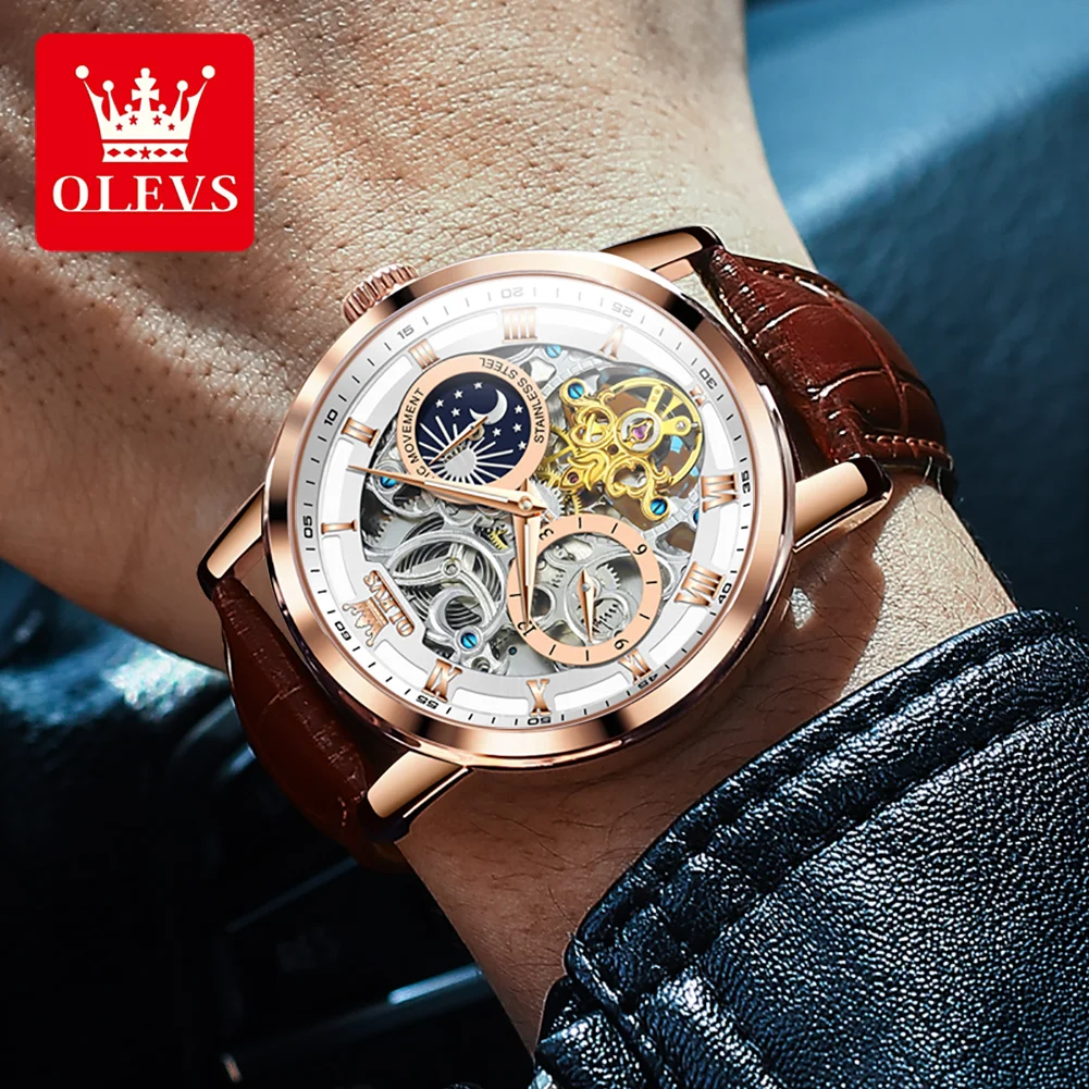 OLEVS 6670 Newest Men Watch 2022 Luxury Leather Automatic Mechanical Tourbillon Skeleton Watch
