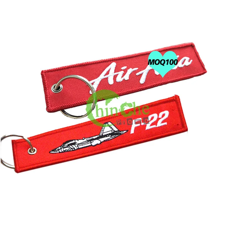 Custom logo Red Embroidery Fabric Flight Keychain cloth flight Key Tag for promotion remove before rush key ring