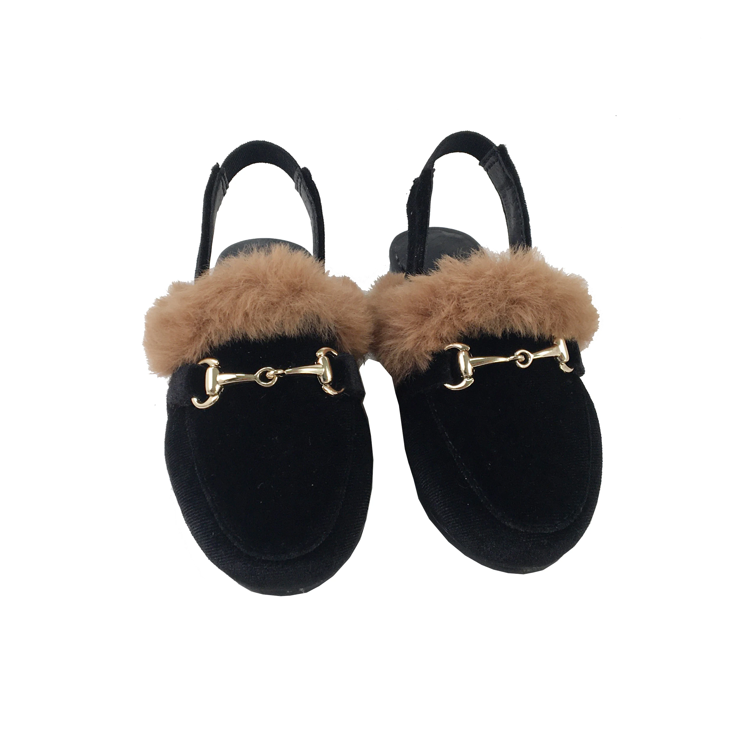 Black Velvet Winter Girls Loafer Shoes with Gold Chain Front Flats Children Slingback
