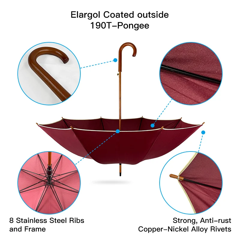 Umbrella Factory Wholesale J Wooden Handle Straight Sticks Wood Umbrella Custom Automatic Umbrella