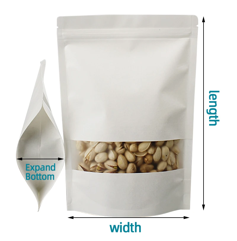 White Kraft Stand up Pouch Paper Spice Bag Resealable Packaging Plastic Paper  Pouch With Window Customized Logo for Food Tea