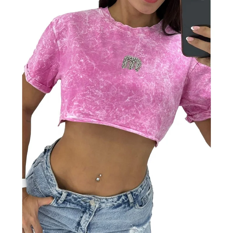 KY Acid Wash Summer Oversized Cropped Tshirt with Rhinestone Drop Shoulder Design Wholesale Supply