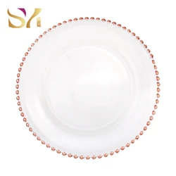 Fashionable crystal under plate rose gold with beaded rim glass charger plates wedding decoration