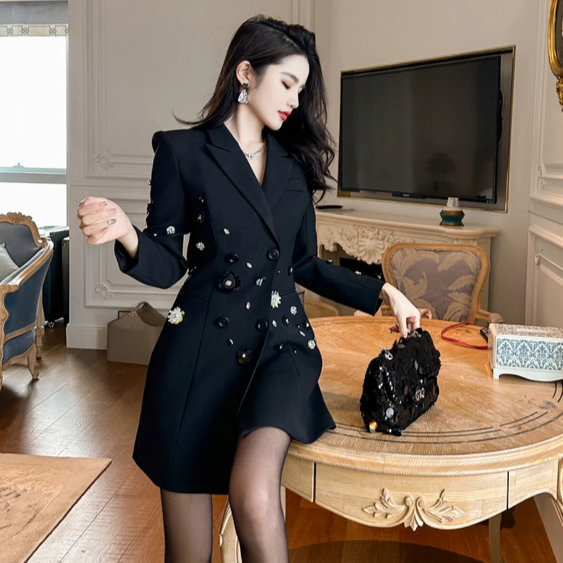 ZYHT 10839 Fashion Double Breasted Sequins Office Ladies Blazer Mini Dress Diamond Decor Lapel Blazer Coat