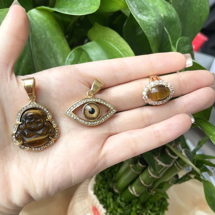 Charm Men Evil Eyes Buddha Natural Jade Pendant 18k Gold Plated Stainless Steel Tiger Eye Rings Necklace Jewelry Sets