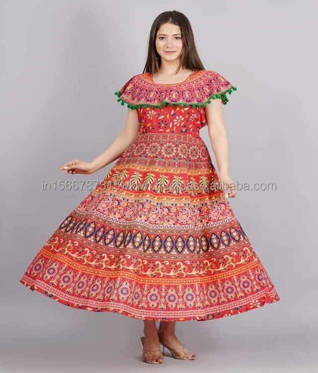 Women Long Sleeved Indian Hand Block Print Cotton Midi Length Women Everyday Wear Designer Long Boho Dress For Woman Girl