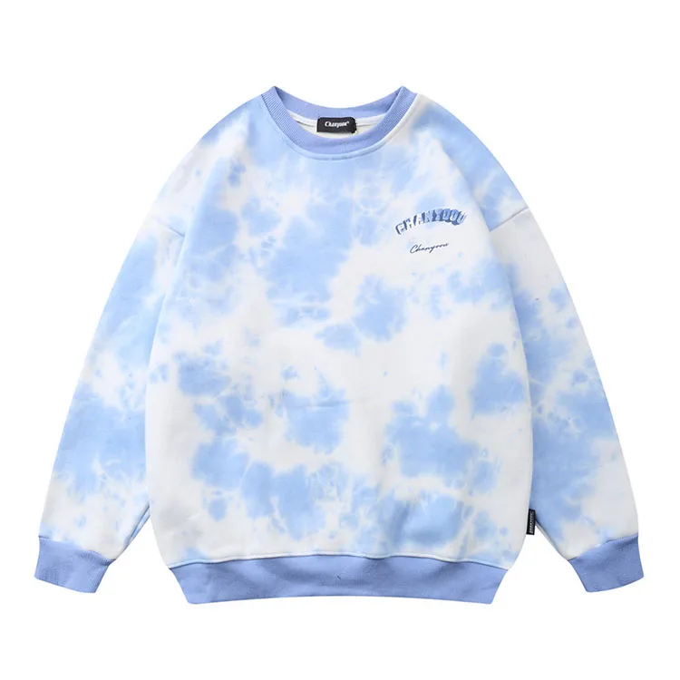 
Wholesale crew neck organic cotton blue tie dye sweatshirt women with printing 