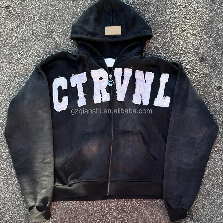 streetwear graphic french terry washed pink patch embroidery zip hoodie cropped patchwork distressed embroidered zip up hoodie