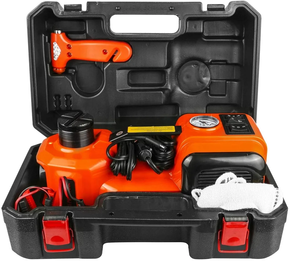 12 в DC 5,0 T(11023lb) электрический гидравлический напольный домкрат, насос для шин и светодиодный фонарик 3 в 1 комплект с безопасным молотком, полный комплект