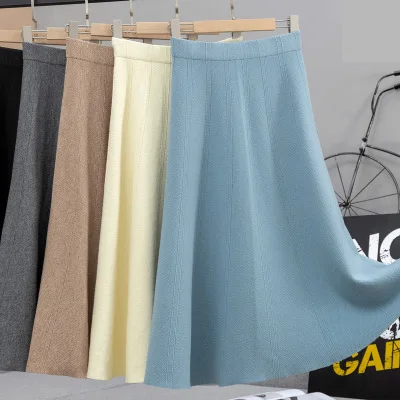 B51337A Korean style autumn winter ladies high waist elegant A-line knitted skirt