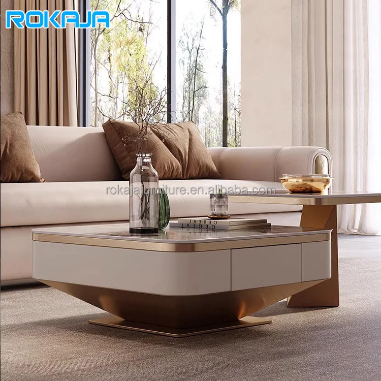 Luxury Sintered Stone TV Stand Coffee Table Set Living Room Square Tea Table with Drawer Gold Stainless Steel Base Center Table