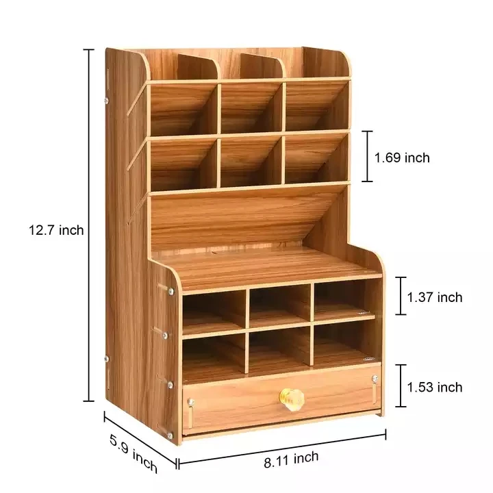 Wooden Pencil Holder Pen Organizer for Desk with Compartments and Drawer Desktop Stationery Storage Organizer