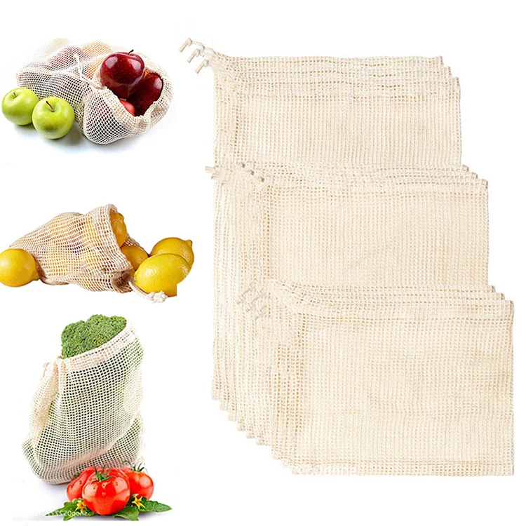 Reusable eco friendly grocery bag shopping net produce organic cotton mesh fruit bag