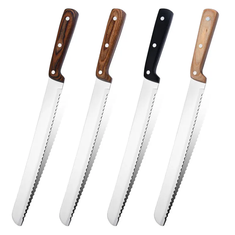 7Cr17MoV High Carbon Hardness 11 inch serrated long blade bread knife with various colors grain pakkawood handle for slicing