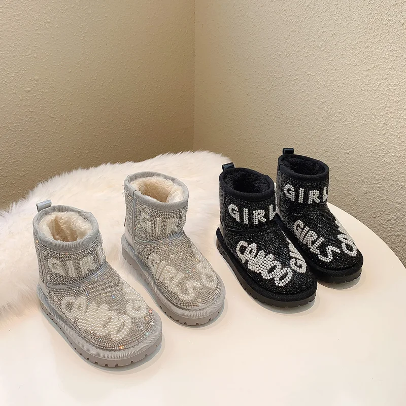 Winter Snow Fur Designer Thick Girls Glitter Shiny Rhinestone Toddler Shoes Baby Little Children Girls Boots For Female Kids