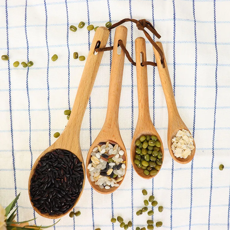 Hot Selling Natural Pack of 4 BeechWood Tablespoon Coffee Tea Spice Sugar Custom Eco Friendly Wooden Scoops Measuring Spoon Set
