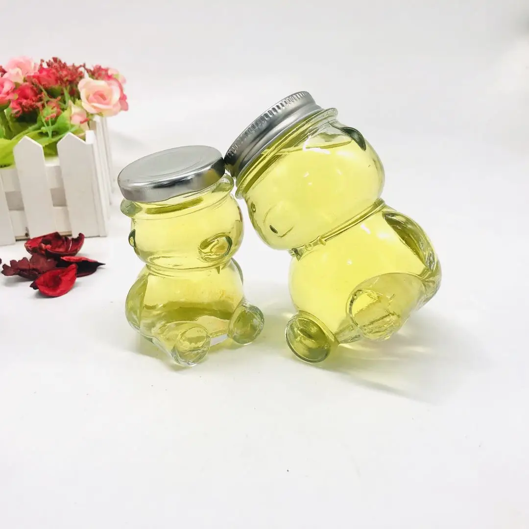 Unique Design Animal  Bear Shape Glass Container Honey Jar Pot Jam Sauce Food Packing Bottle with Screw Lids