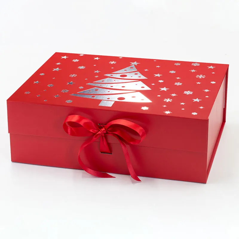 Custom changeable ribbon style red luxury rigid Christmas eve gift boxes for sale