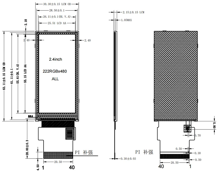 2.4 inch 222*480 Bar SPI+RGB TFT LCD Screen ST7796 40Pin Stripe 2.4inch LCD Display Module Factory Custom Touch Panel
