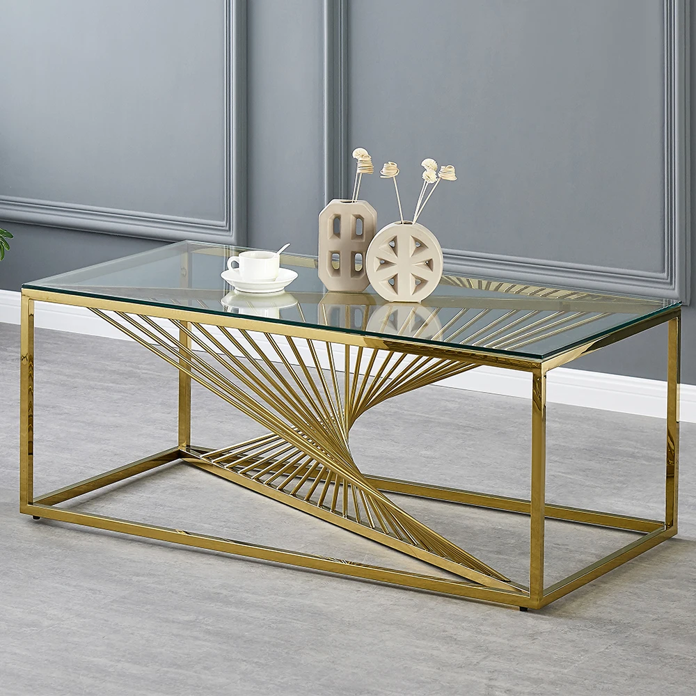 Luxury Clear tempered glass modern square top metal fancy S shape swivel glass coffee table