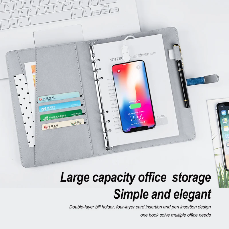 New fashion and popular a5  black color pu leather power bank smart notebook notepad dairy for business men