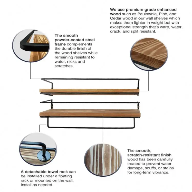 Easy To Install Set Of 2 Floating Wooden Shelving Wall Mounted Wood Shelves For Home Decor / Kitchen / Bathroom / Bedroom