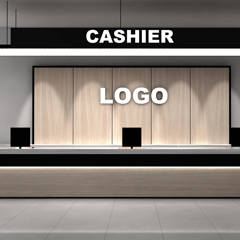 Modern Cashier Table Custom  office front desk background wall display racks designing  led light Display Racks For Shops