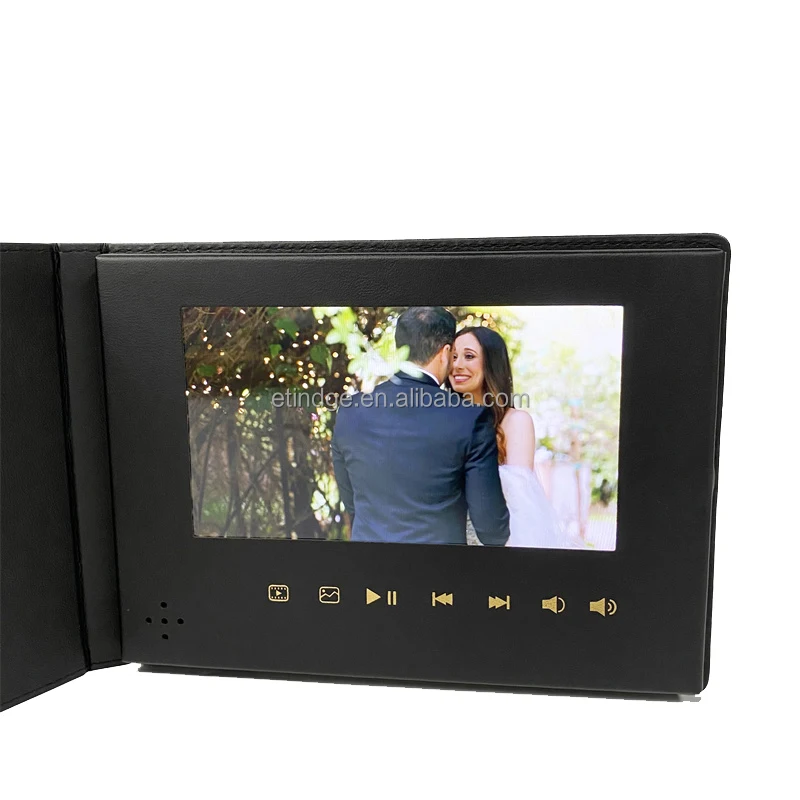 8GB Memory Custom Gold Foil Full PU Leather Black Color Video Brochure with 7 inch IPS Screen High Definition