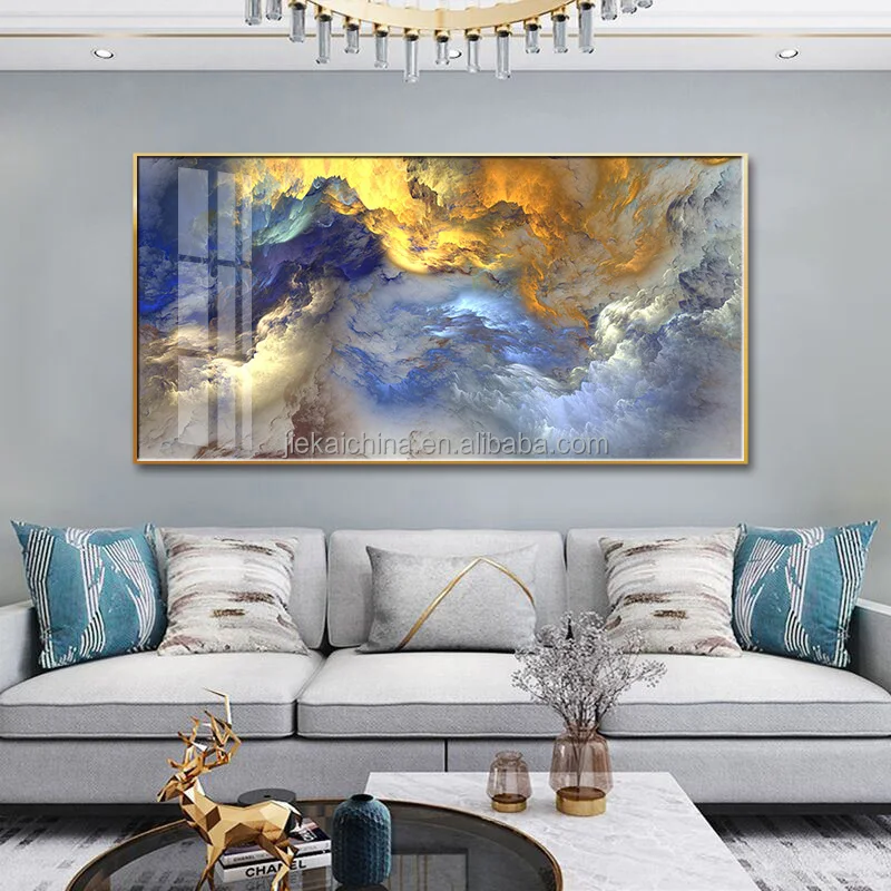 Blue Gold Cloud Canvas Modern Fantasy  large crystal porcelain abstract framed art  glass wall art painting for living room