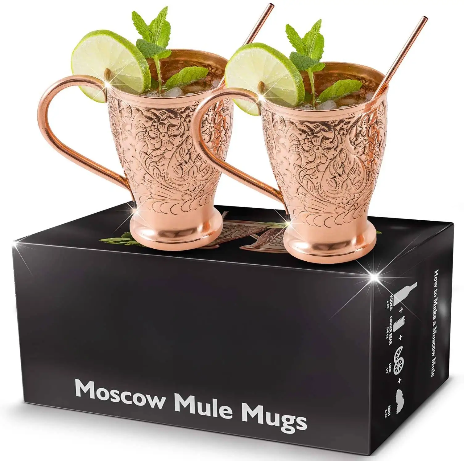 Moscow Mule Copper Mugs Handmade Embossed Set of 2 Pure Copper Cups 2 Straws Stir Sticks 20 Recipe E-book Wing Shung Exclusive