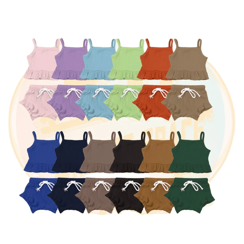Custom Toddler Girls Casual Sets Baby Summer Solid Color Ribbed Knit 2 Pc Set Baby Clothing Sets